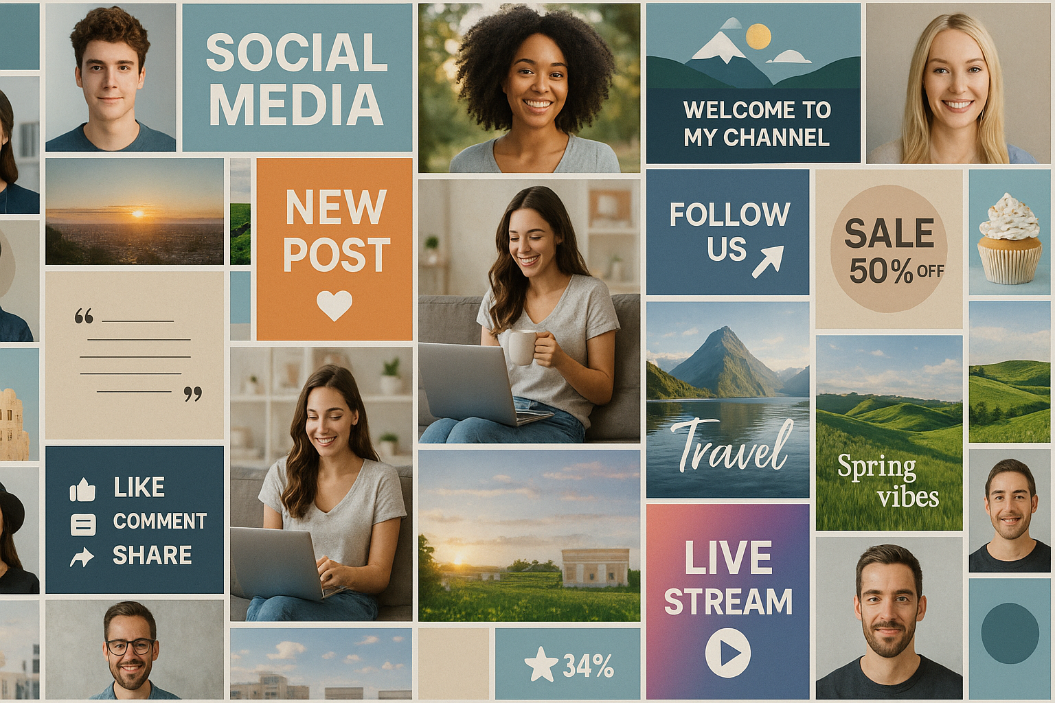 a mosaic or collage of various social media assets such as profile pictures banners covers posts etc-1