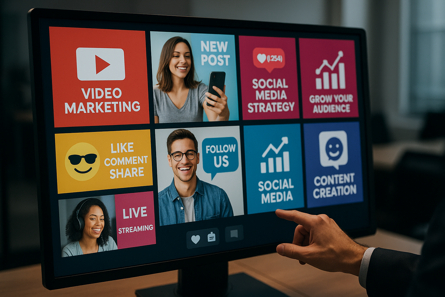 photographic Imagine an image of a high tech screen producing multiple social media contents at once Image represents social media content creation as-1