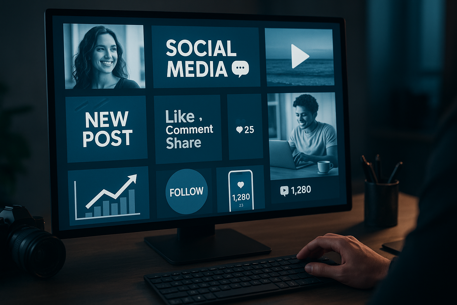 photographic Imagine an image of a high tech screen producing multiple social media contents at once Image represents social media content creation as